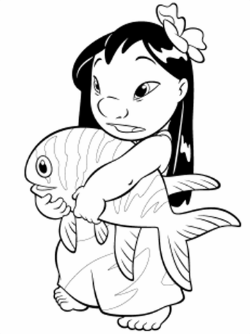 Lilo With Fish In Her Hands  Coloring Page